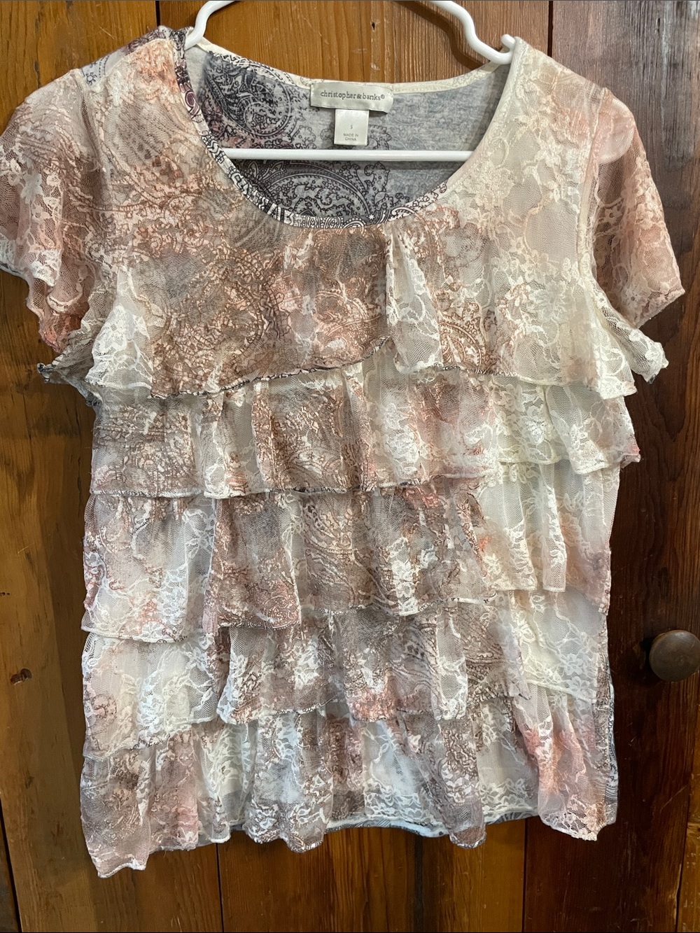 Christopher & Banks Cream and Pink Lace Tiered Ruffle Blouse